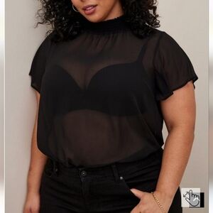 Chiffon Mock Neck Flutter Sleeve Top